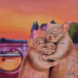 Painting Tendresse au pont neuf by Emma Fischer | Painting Figurative Acrylic Animals, Life style, Urban