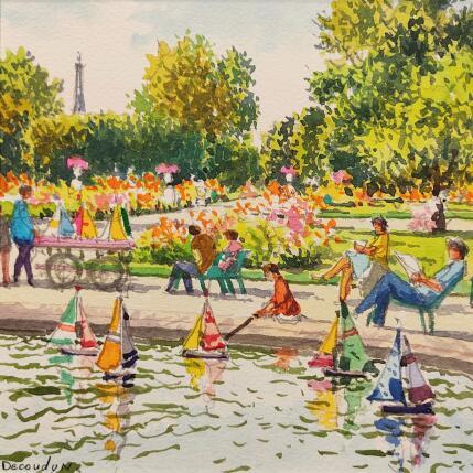 Painting Le jardin des Tuileries by Decoudun Jean charles | Painting Figurative Watercolor Pop icons, Urban