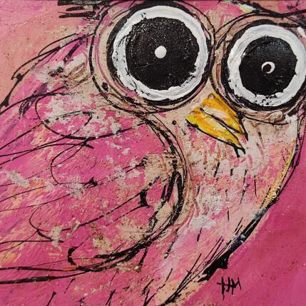 Peinture Chouette rose par Maury Hervé | Tableau Art Singulier Acrylique, Encre, Pigments, Sable Animaux