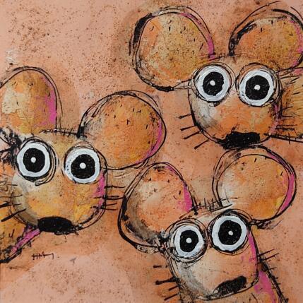 Painting 3 souris roses by Maury Hervé | Painting Raw art Acrylic, Ink, Pigments, Sand Animals