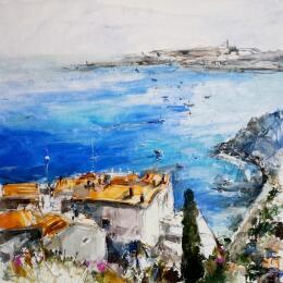 Painting panorama depuis le jardin exotique d'eze by Poumelin Richard | Painting Figurative Acrylic, Oil Landscapes