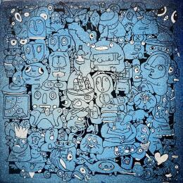 Gemälde Dino Bleu von Oocalme | Gemälde Art brut Graffiti, Posca Alltagsszenen