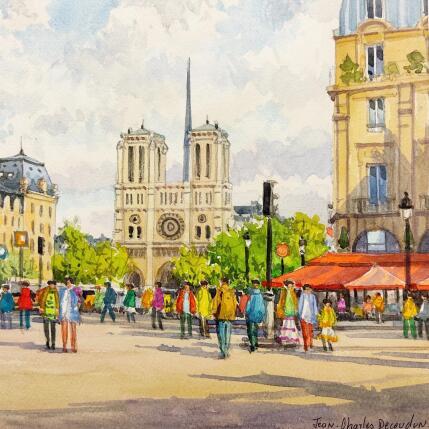 Painting La place St Michel et Notre-Dame by Decoudun Jean charles | Painting Figurative Watercolor Urban