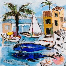 Painting Poissons outremer by Colombo Cécile | Painting Naive art Acrylic, Gluing, Ink, Pastel, Watercolor Landscapes, Life style, Nature, Pop icons