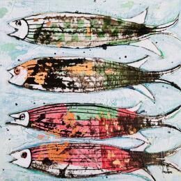 Gemälde Sardines dorées von Colombo Cécile | Gemälde Naive Kunst Acryl, Aquarell, Collage, Pastell, Tinte Pop-Ikonen, Tiere