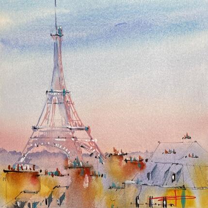 Painting Ciel rose sur la Tour Eiffel by Bailly Kévin  | Painting Figurative Ink, Watercolor Architecture, Urban