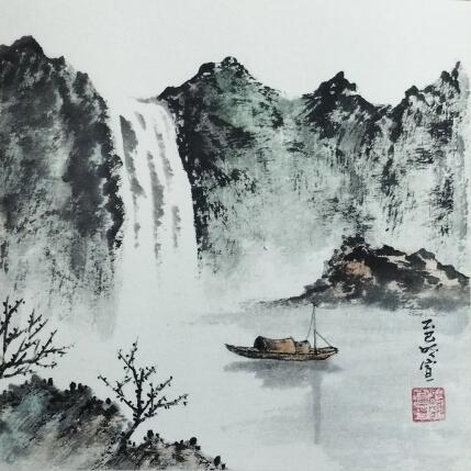 Peinture Boat and waterfall par Du Mingxuan | Tableau Figuratif Aquarelle, Encre Paysages