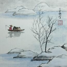 Painting Winter lake by Du Mingxuan | Painting Figurative Ink, Watercolor Landscapes