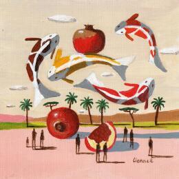 Painting Carpes et grenades by Lionnet Pascal | Painting Surrealism Acrylic Animals, Life style, Still-life