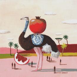 Peinture Autruche aux grenades par Lionnet Pascal | Tableau Surréalisme Acrylique Animaux, Paysages, Scènes de vie