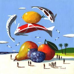 Painting Carpes et fruits by Lionnet Pascal | Painting Surrealism Acrylic Animals, Life style, Pop icons, Still-life