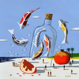 Painting  Bouteille aux carpes by Lionnet Pascal | Painting Surrealism Acrylic Animals, Life style, Still-life
