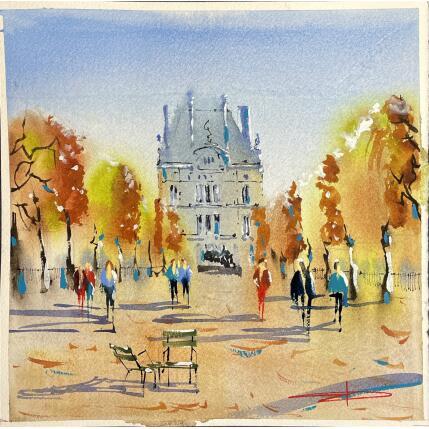 Painting Promenade aux Tuileries by Bailly Kévin  | Painting Figurative Ink, Watercolor Architecture, Urban