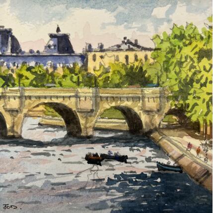 Painting Le Pont Neuf côté st Michel by Decoudun Jean charles | Painting Figurative Watercolor Urban