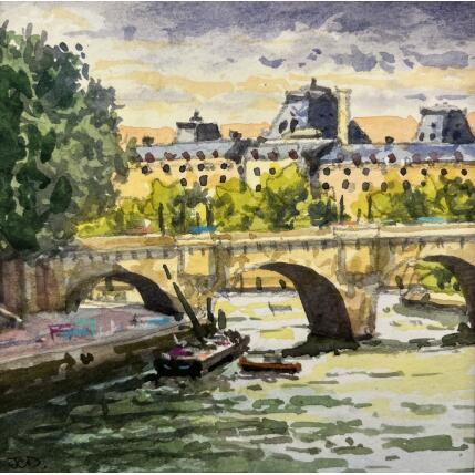 Painting Le Pont Neuf et le Louvre by Decoudun Jean charles | Painting Figurative Watercolor Urban