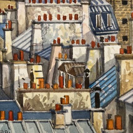 Painting Les cheminées rouges by Decoudun Jean charles | Painting Figurative Watercolor Urban