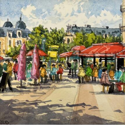 Painting Café St Michel by Decoudun Jean charles | Painting Figurative Watercolor Urban