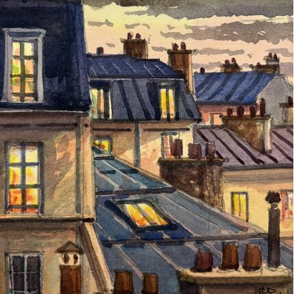Painting Les toits le soir by Decoudun Jean charles | Painting Figurative Watercolor Urban