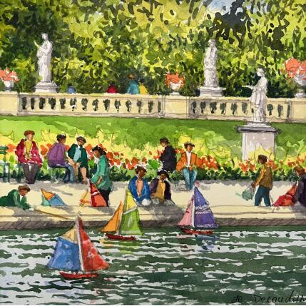 Painting Enfants et bateaux au jardin du Luxembourg by Decoudun Jean charles | Painting Figurative Watercolor Pop icons, Urban