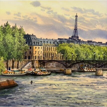 Painting Le pont des Arts by Decoudun Jean charles | Painting Figurative Watercolor Urban