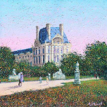 Peinture Crépuscule sur le musée du Louvre par Dessapt Elika | Tableau Impressionnisme Acrylique, Sable