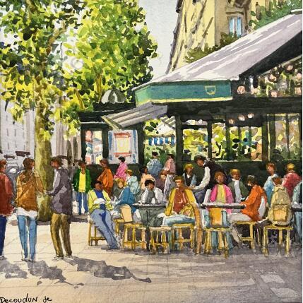 Painting Café Les Deux Magots by Decoudun Jean charles | Painting Figurative Watercolor Pop icons, Urban