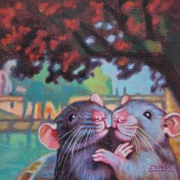 Peinture Une Romance sur la Berge par Emma Fischer | Tableau Figuratif Acrylique Animaux, Paysages, Urbain