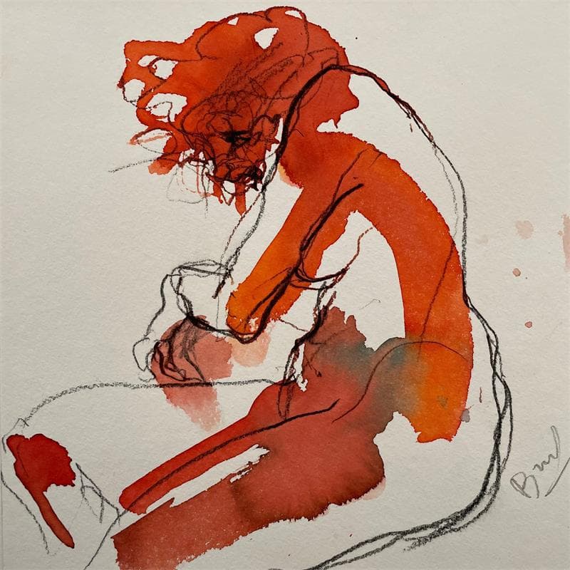 Painting Anaïs assise 2 by Brunel Sébastien | Painting Figurative Watercolor Nude