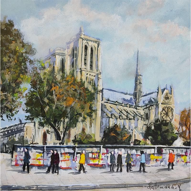 Peinture Notre Dame - Bouquinistes par Lallemand Yves | Tableau Figuratif Urbain Acrylique