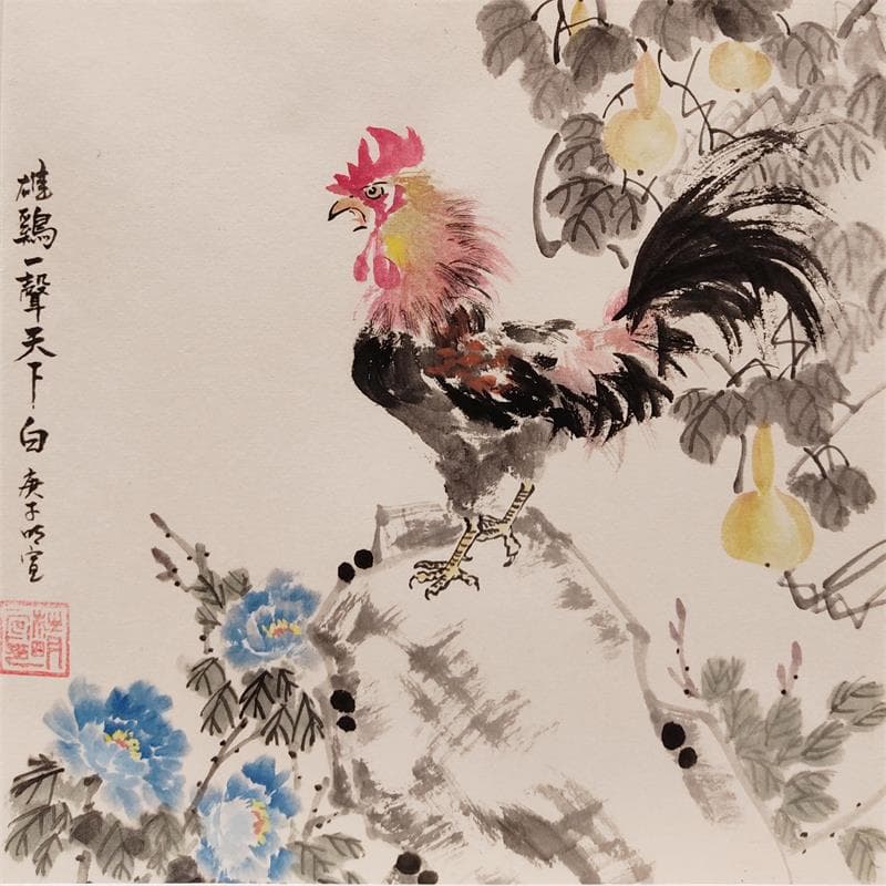 Peinture Coq et Gourdes par Du Mingxuan | Tableau Figuratif Mixte Paysages animaux