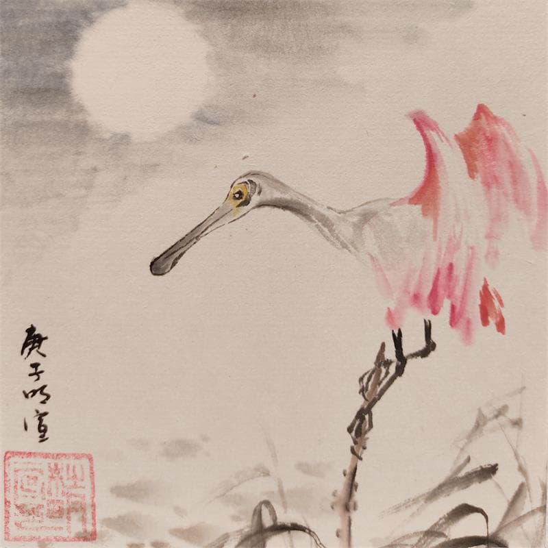Painting Spoonbill by Du Mingxuan | Painting Figurative Mixed Landscapes Animals