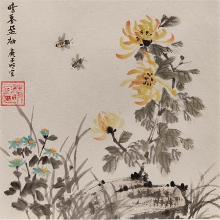 Painting Chrysanthème by Du Mingxuan | Painting Figurative Mixed Animals, Landscapes