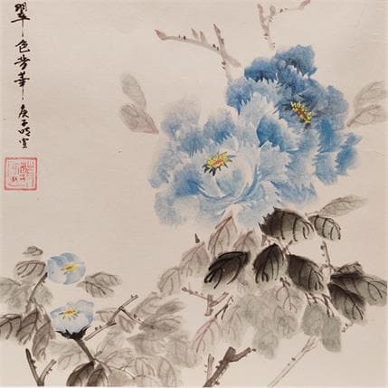 Painting Pivoines Bleues by Du Mingxuan | Painting Figurative Mixed Landscapes