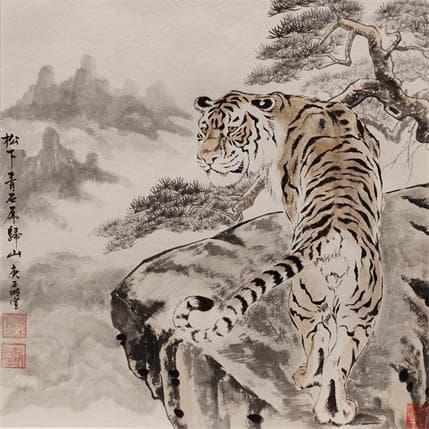 Painting Tigre et Pins by Du Mingxuan | Painting Figurative Mixed Animals, Landscapes