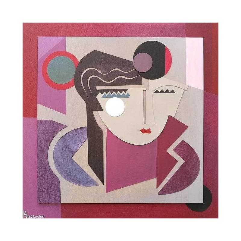 Peinture Mademoiselle Cubiste par Gustavsen Karl | Tableau Figuratif Portraits Bois Carton Collage