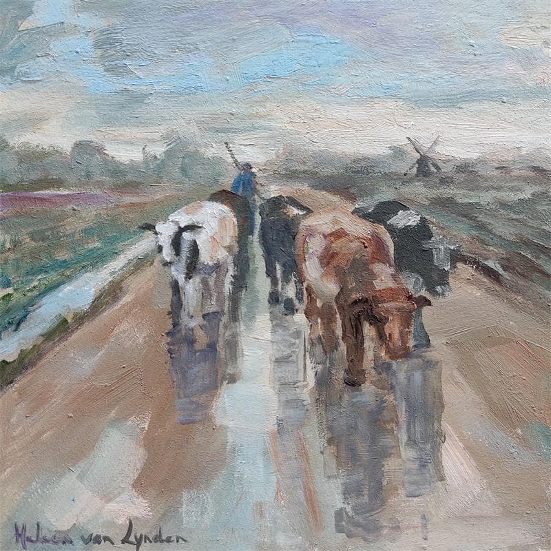 Painting koeien naar de stal- 20ls058 by Van Lynden Heleen | Painting Figurative Oil Landscapes