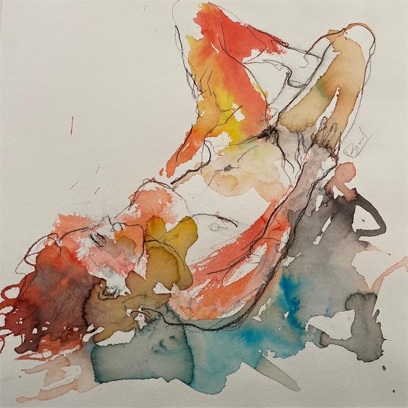Painting Anaïs couchée mains sur les cuisses by Brunel Sébastien | Painting Figurative Nude Watercolor