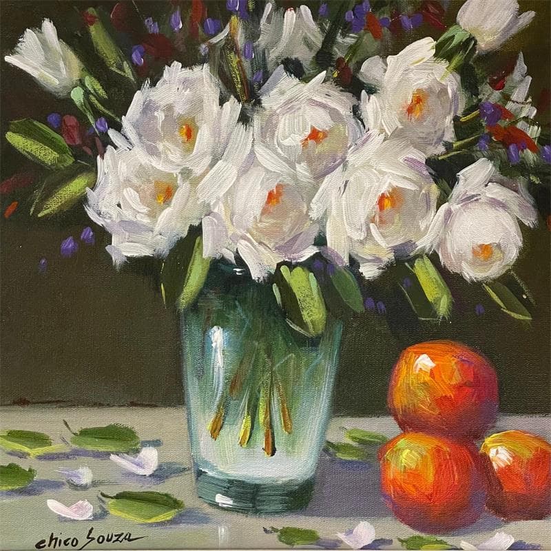 Painting rosa blanca by Chico Souza | Painting Figurative Oil Still-life
