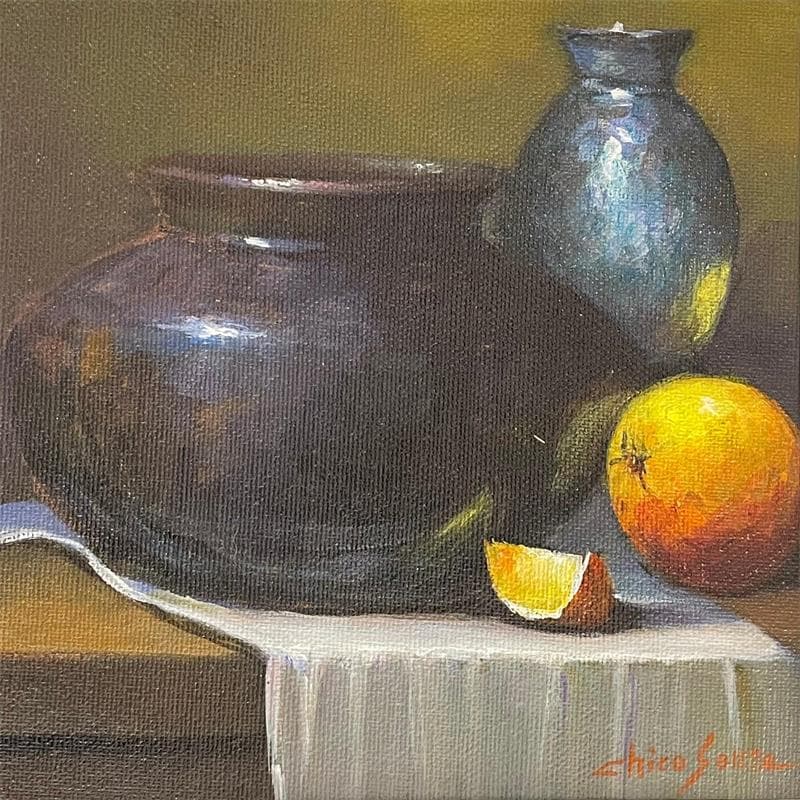 Painting orange and silver by Chico Souza | Painting Figurative Still-life Oil
