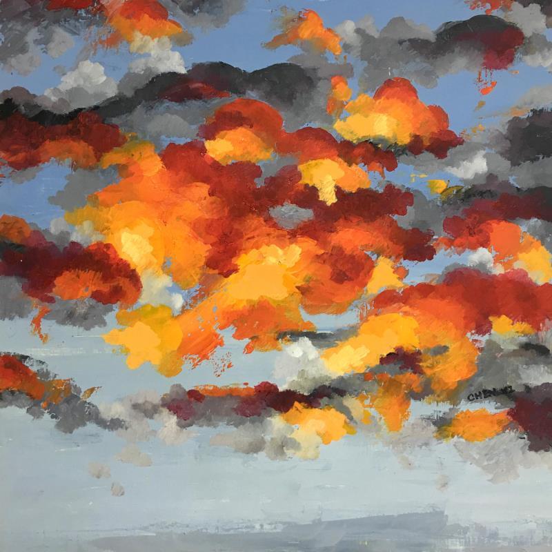 Peinture Nuages orange rouge et  noir par Chen Xi | Tableau Abstrait Paysages Huile