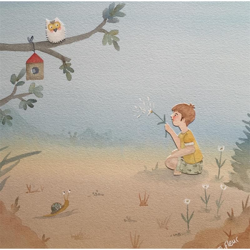 Peinture Gabin, souffleur de plumes par Marjoline Fleur | Tableau Art naïf Scènes de vie