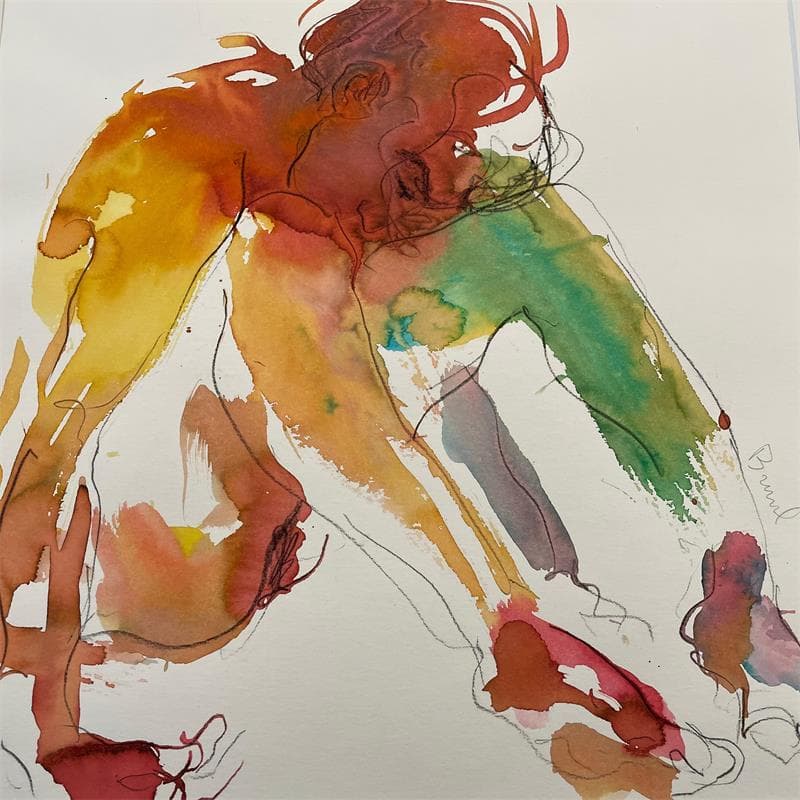 Painting Pia accroupie multicolor by Brunel Sébastien | Painting Figurative Nude Watercolor