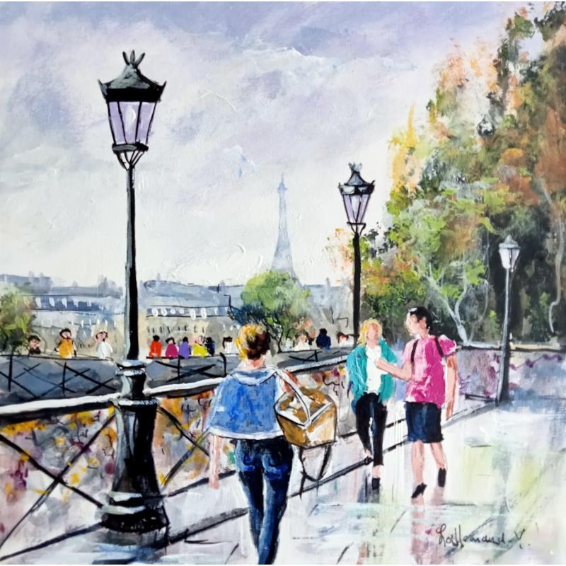 Peinture Tour Eiffel Pont des Arts par Lallemand Yves | Tableau Figuratif Urbain Scènes de vie Acrylique