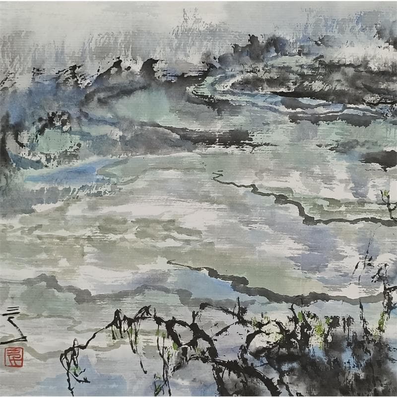 Peinture jiu zhai gou valley par Sanqian | Tableau Figuratif Mixte Paysages