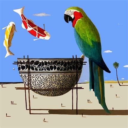 Painting Ara et Carpe Koï by Lionnet Pascal | Painting Surrealist Oil Animals