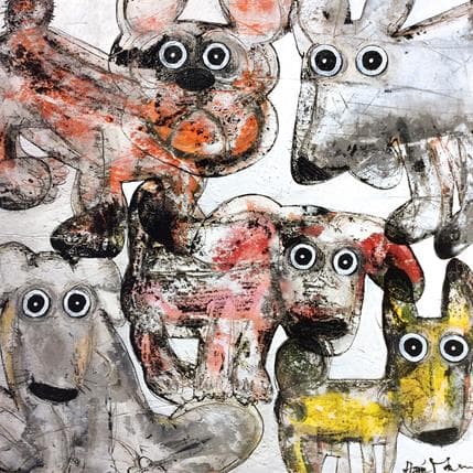 Peinture Sans titre (5 chiens) par Maury Hervé | Tableau Art naïf animaux