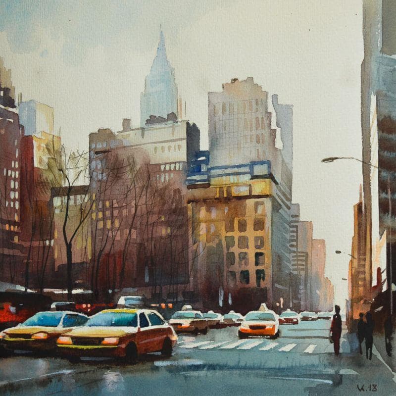 Painting New York m6 by Khodakivskyi Vasily | Painting Figurative Watercolor Urban