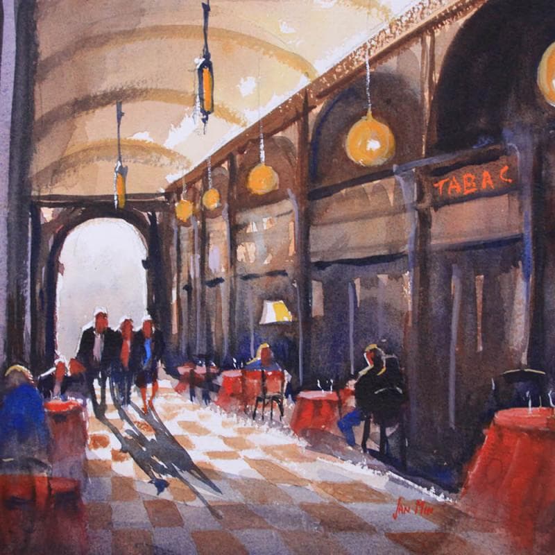 Painting Milano, arcade by Min Jan | Painting Figurative Watercolor Urban