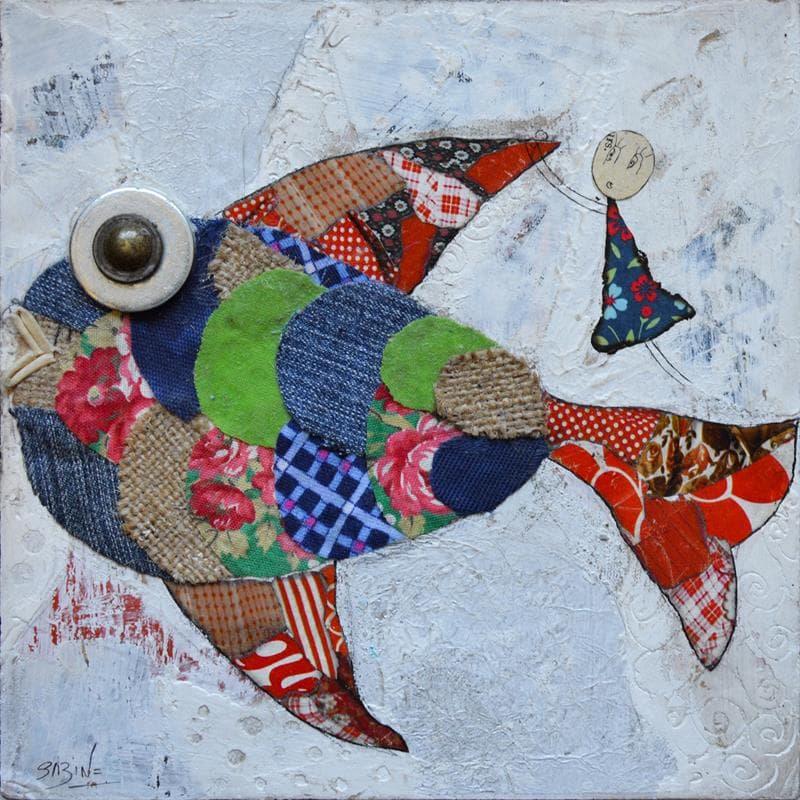 Painting Fish and me by Bourdet Sabine | Painting Naive art Acrylic Life style