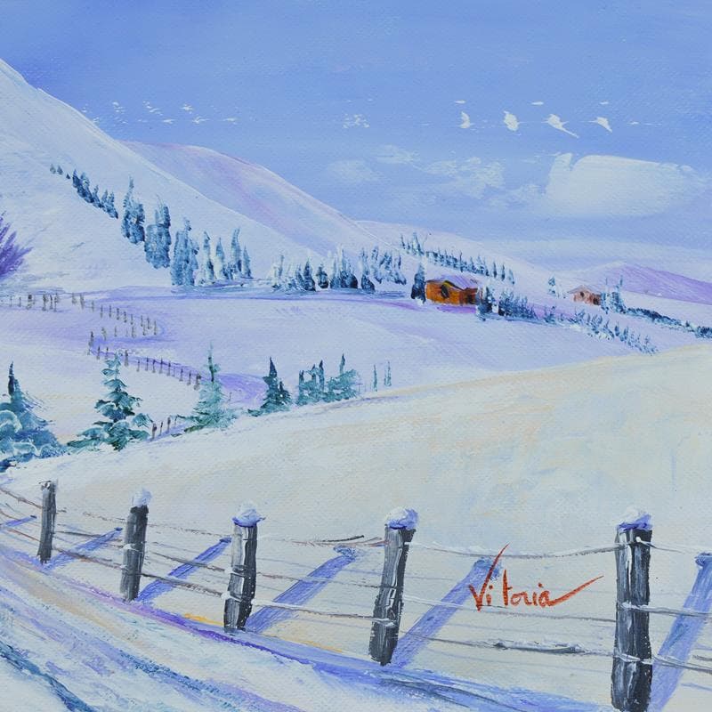 Peinture Les chalets en hiver par Vitoria | Tableau Figuratif Acrylique, Huile Paysages